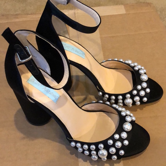 Blue by Betsey Johnson Black Satin Poppy Pearl Embellished Flat Sandals - Picture 2 of 4